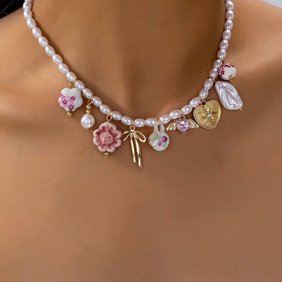 Multicolor Boho Women's Handmade Ceramic Flower Tea Cup Beaded Necklace - Picture 1 of 4